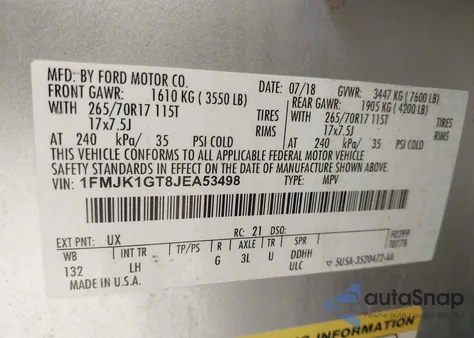 2018 Ford Expedition Max Xl из США, поврежденный, VIN 1FMJK1GT8JEA53498